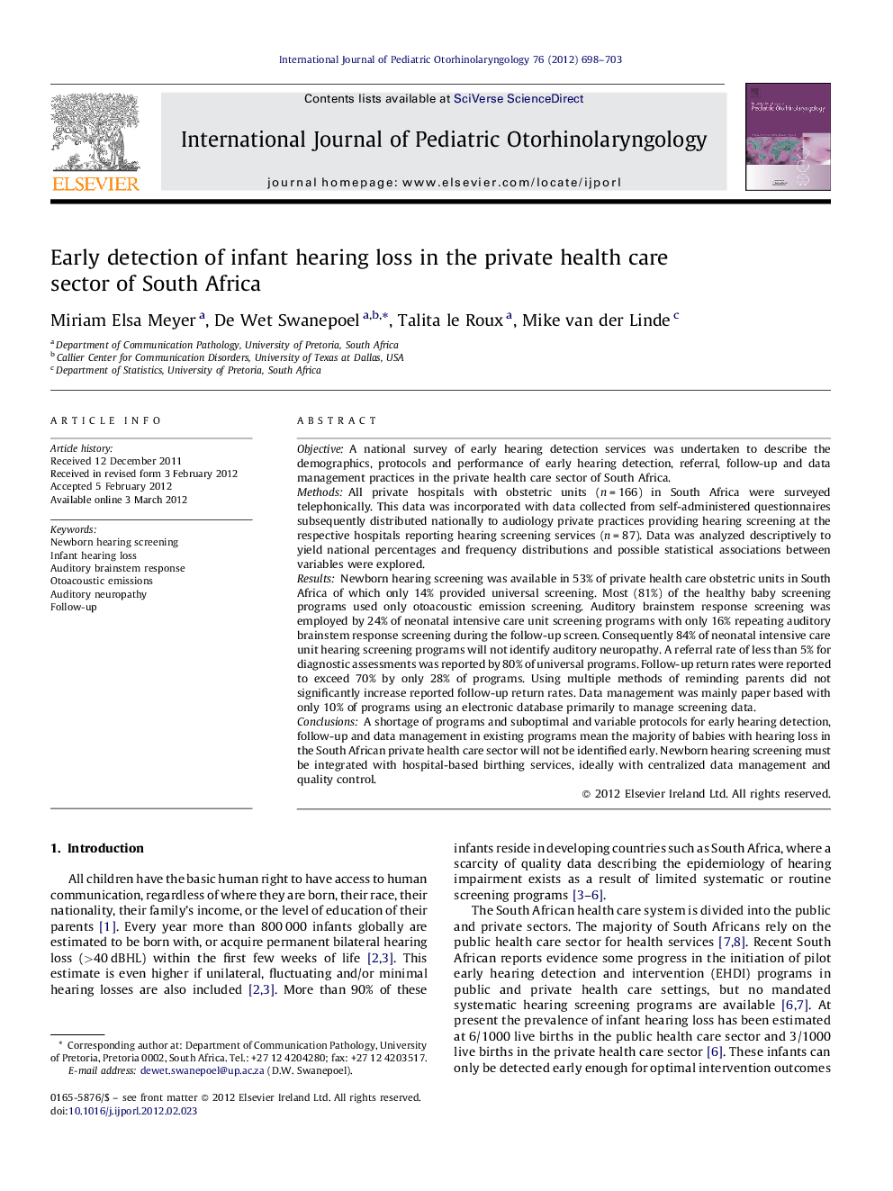 Early detection of infant hearing loss in the private health care sector of South Africa