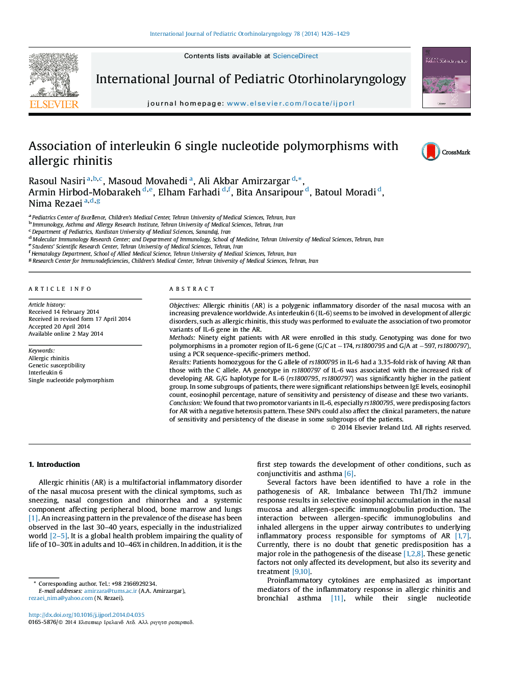 Association of interleukin 6 single nucleotide polymorphisms with allergic rhinitis