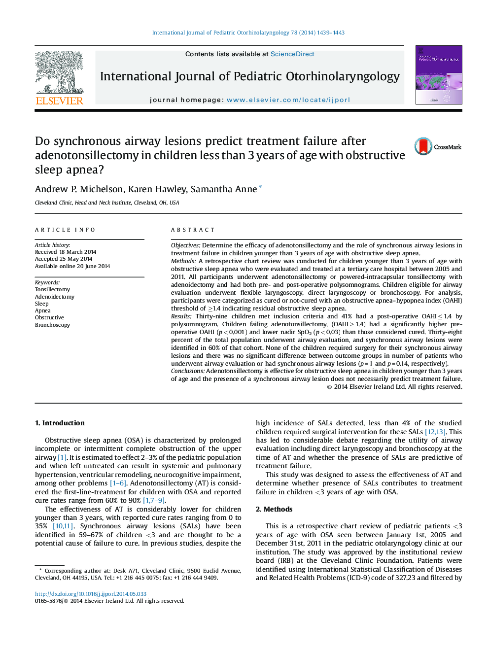 Do synchronous airway lesions predict treatment failure after adenotonsillectomy in children less than 3 years of age with obstructive sleep apnea?