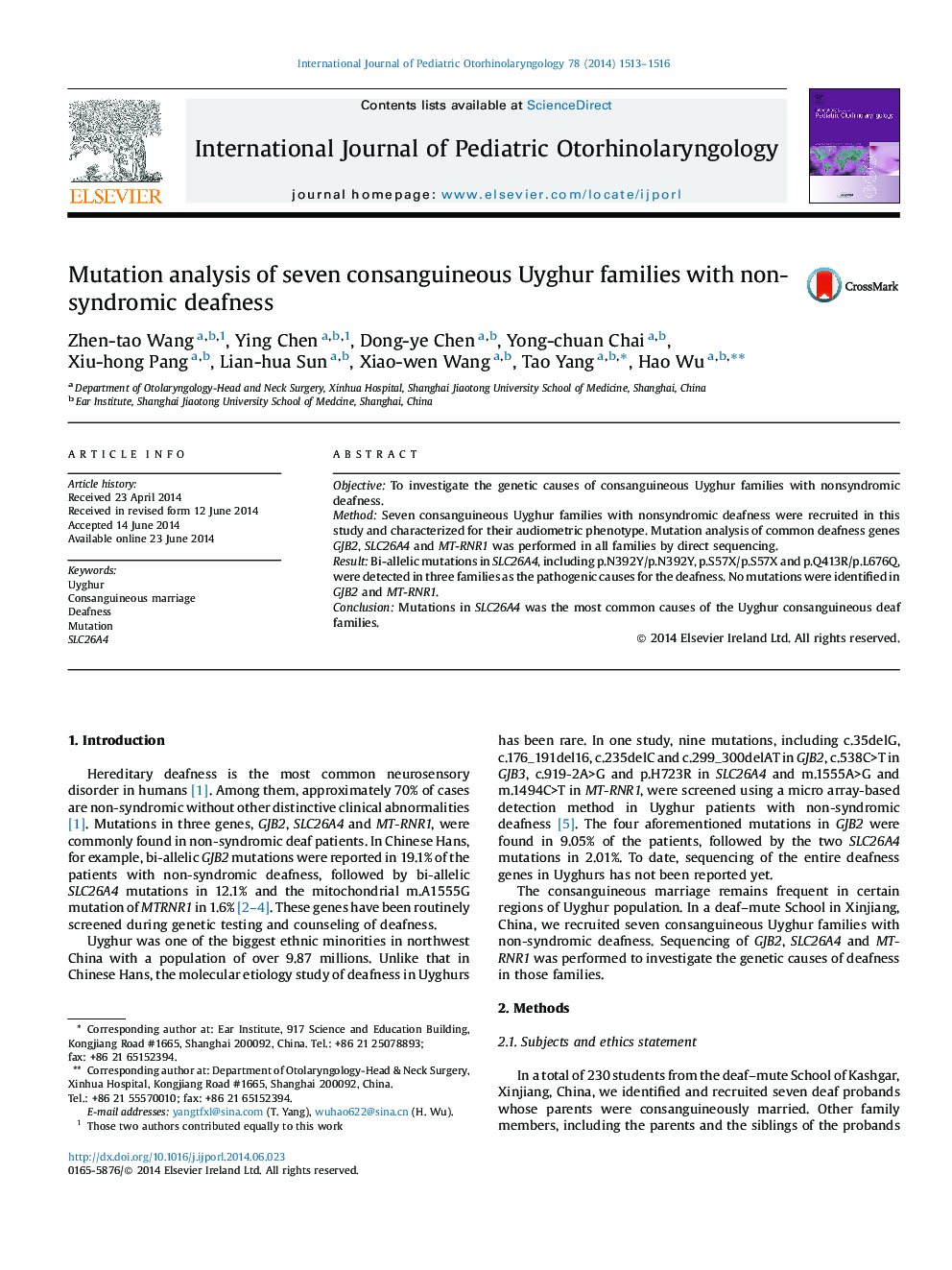 Mutation analysis of seven consanguineous Uyghur families with non-syndromic deafness