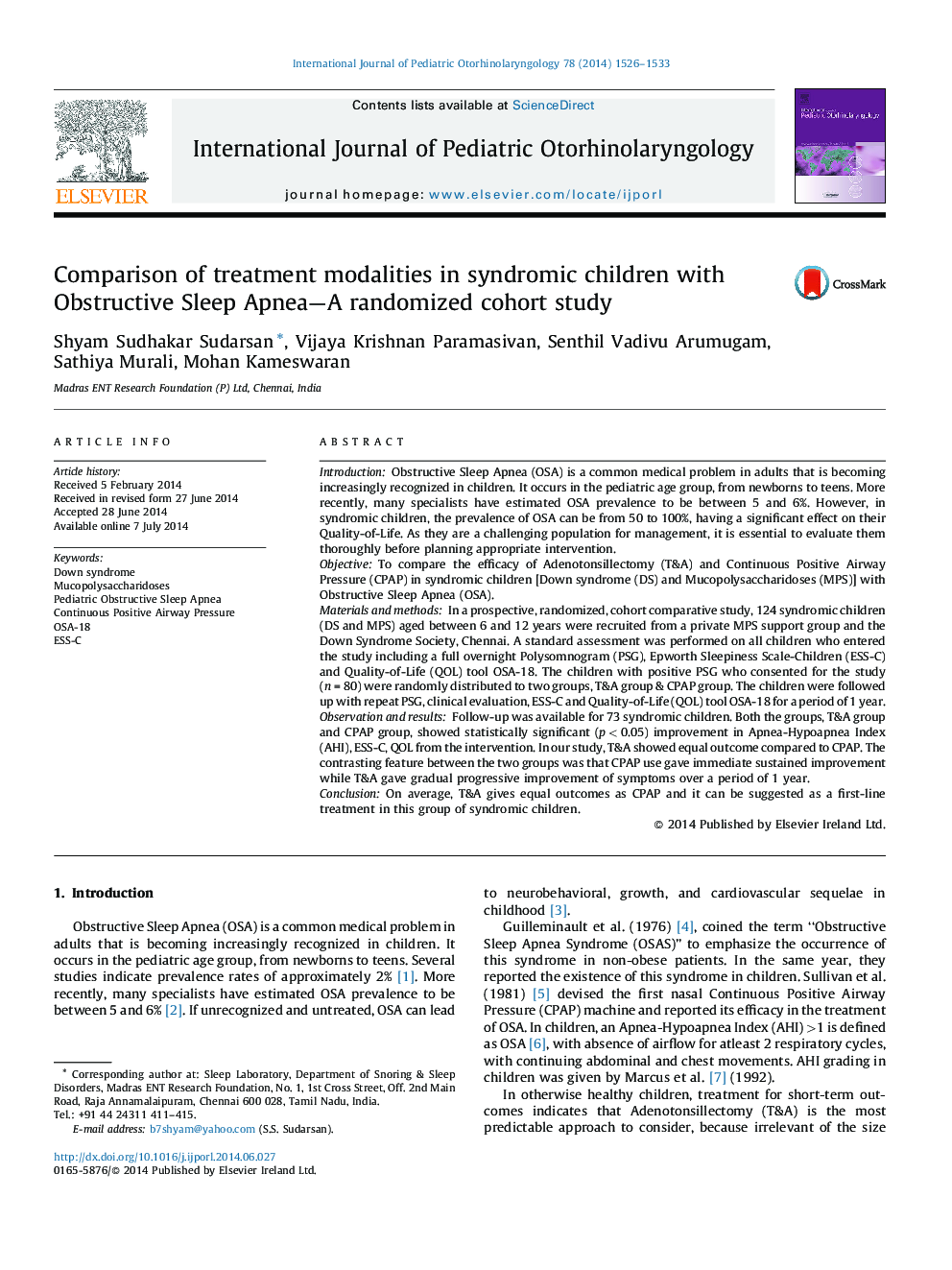 Comparison of treatment modalities in syndromic children with Obstructive Sleep Apnea—A randomized cohort study