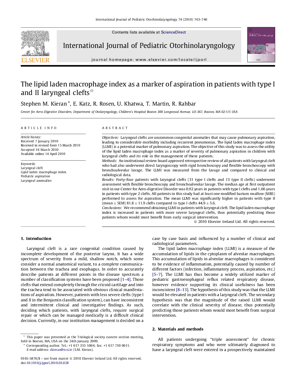 The lipid laden macrophage index as a marker of aspiration in patients with type I and II laryngeal clefts 