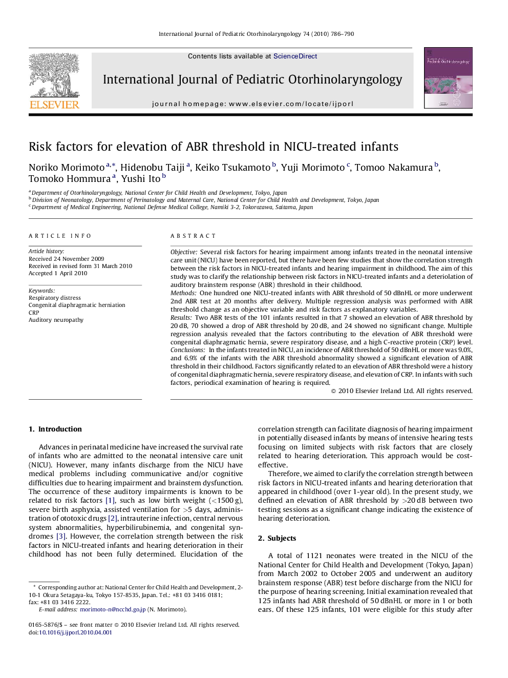 Risk factors for elevation of ABR threshold in NICU-treated infants