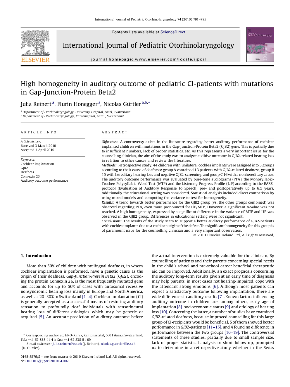 High homogeneity in auditory outcome of pediatric CI-patients with mutations in Gap-Junction-Protein Beta2