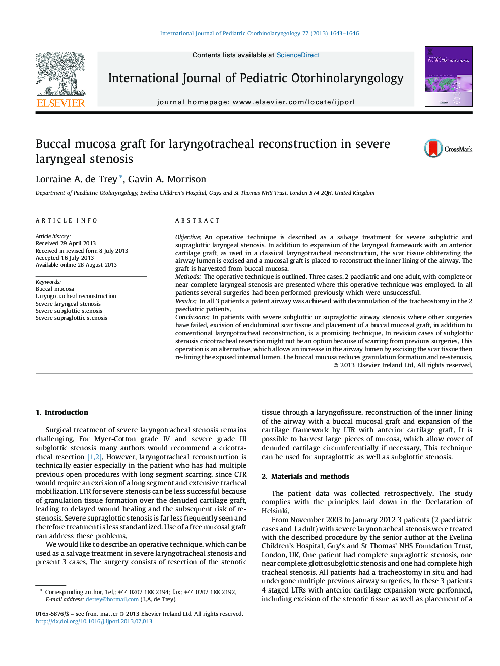 Buccal mucosa graft for laryngotracheal reconstruction in severe laryngeal stenosis