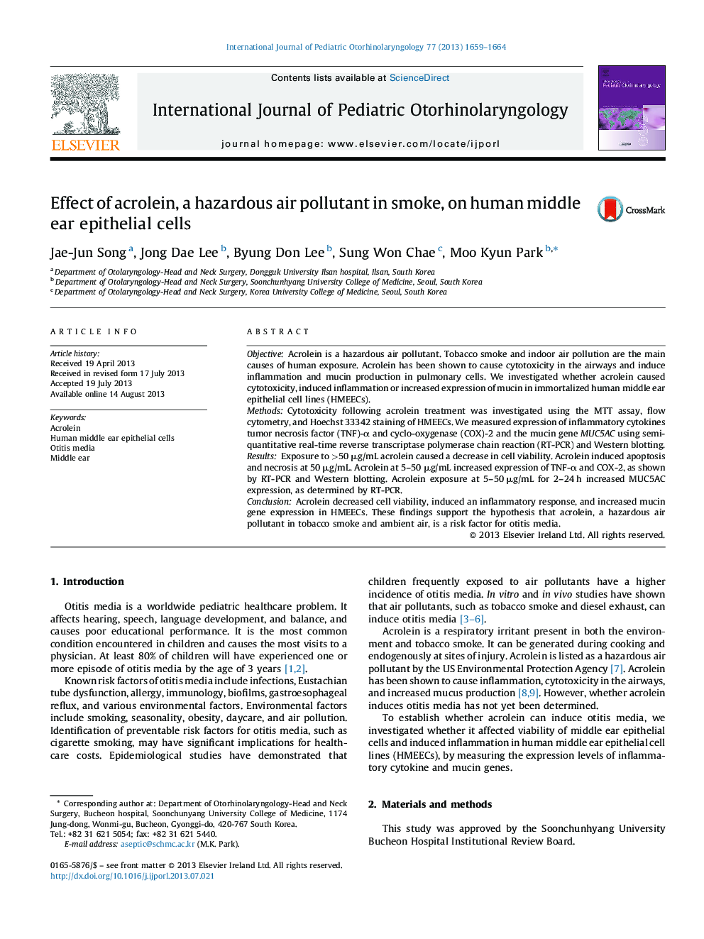 Effect of acrolein, a hazardous air pollutant in smoke, on human middle ear epithelial cells