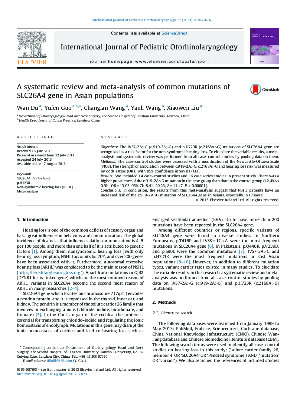 A systematic review and meta-analysis of common mutations of SLC26A4 gene in Asian populations