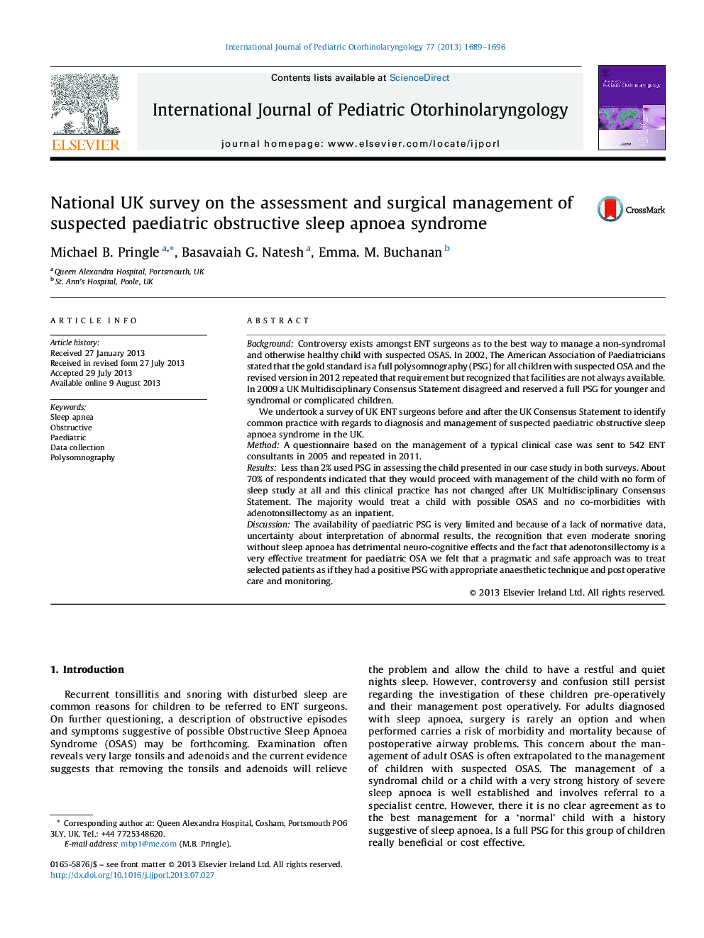 National UK survey on the assessment and surgical management of suspected paediatric obstructive sleep apnoea syndrome