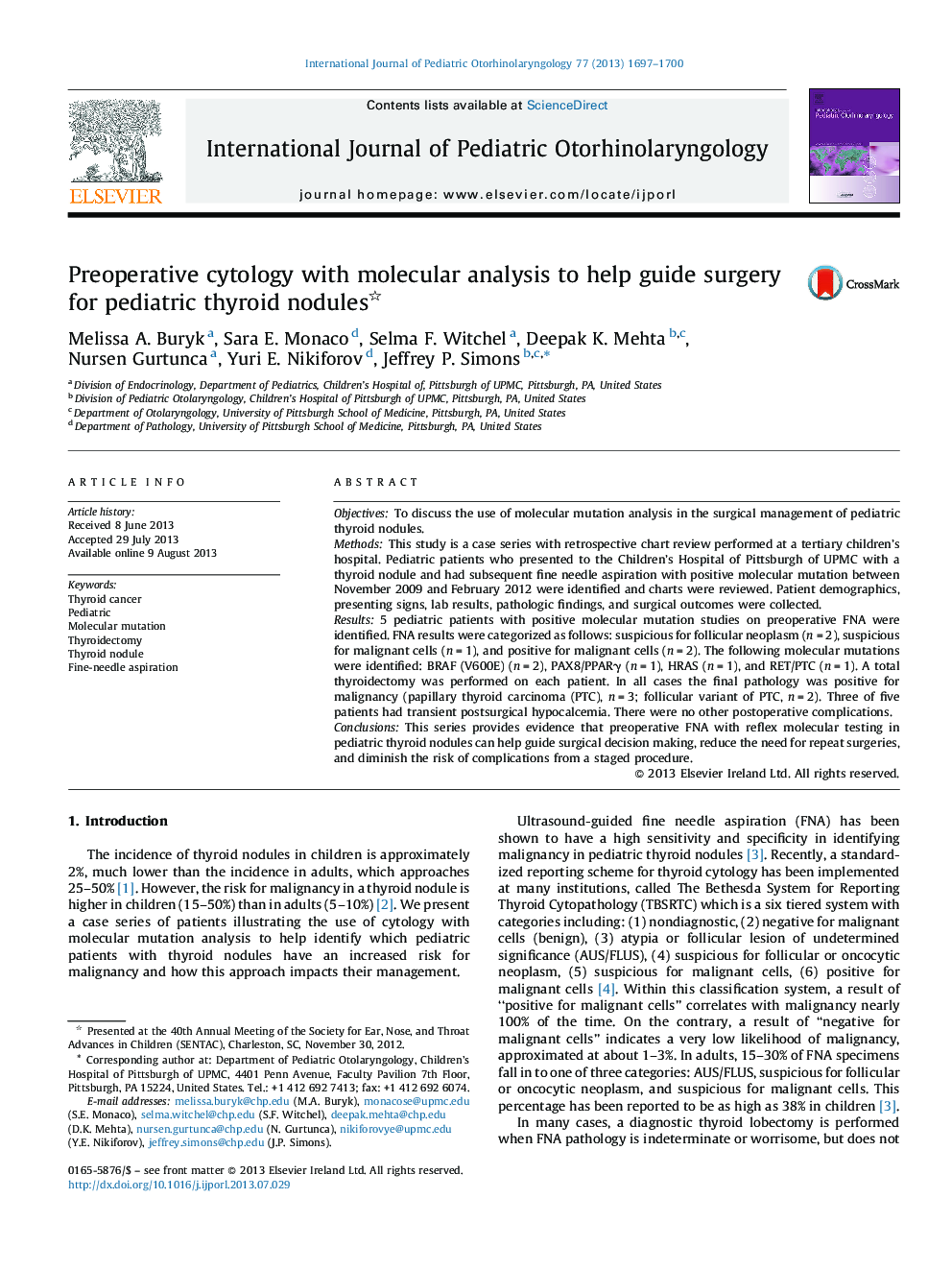 Preoperative cytology with molecular analysis to help guide surgery for pediatric thyroid nodules 