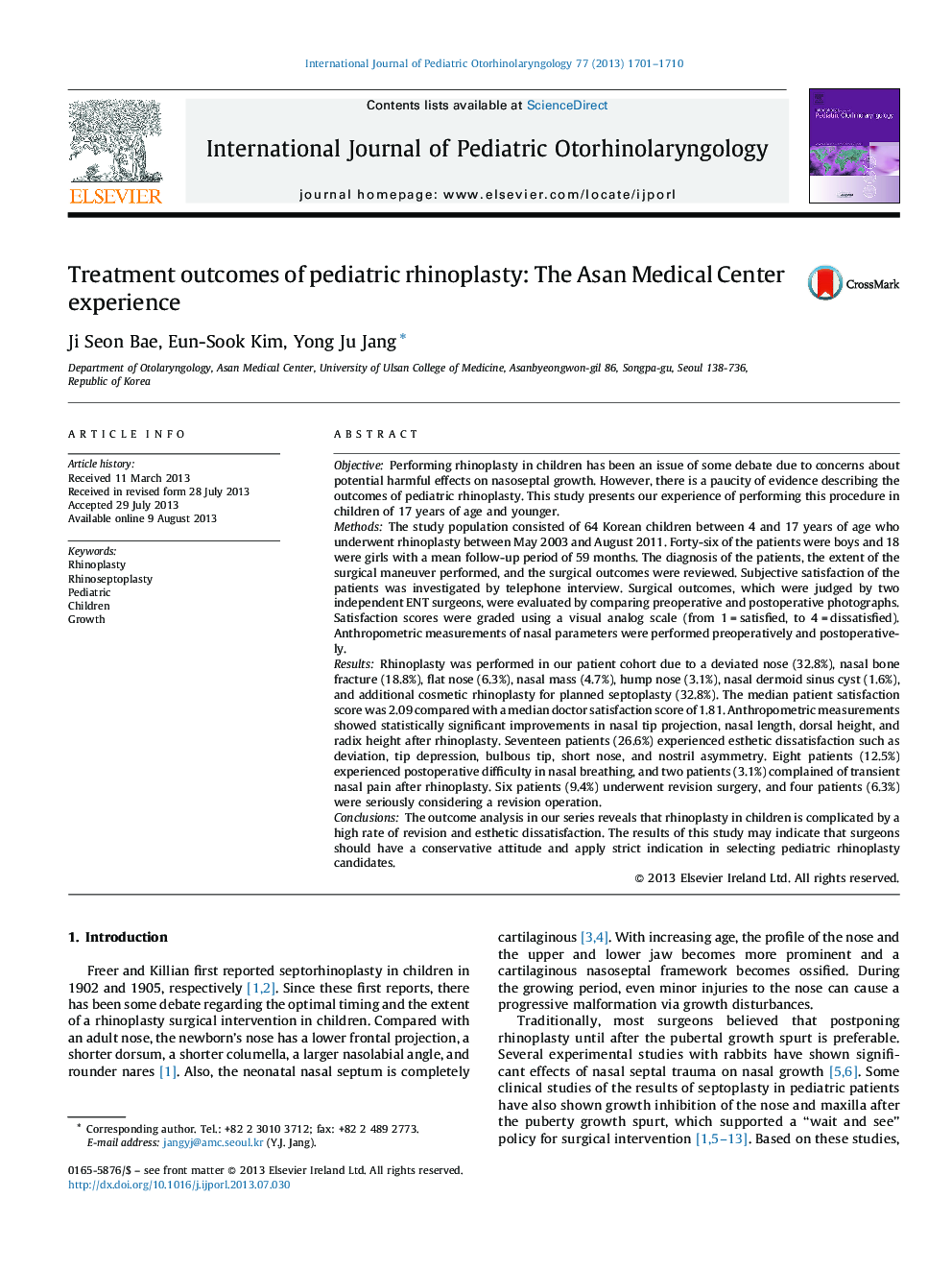 Treatment outcomes of pediatric rhinoplasty: The Asan Medical Center experience