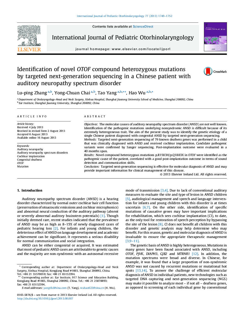 Identification of novel OTOF compound heterozygous mutations by targeted next-generation sequencing in a Chinese patient with auditory neuropathy spectrum disorder