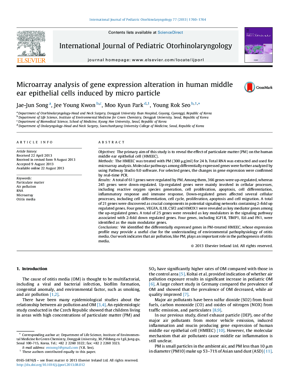 Microarray analysis of gene expression alteration in human middle ear epithelial cells induced by micro particle