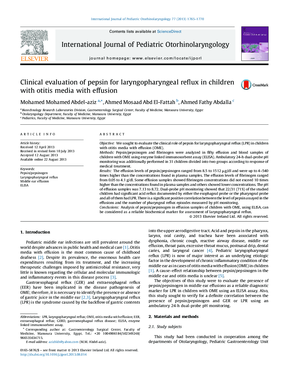Clinical evaluation of pepsin for laryngopharyngeal reflux in children with otitis media with effusion