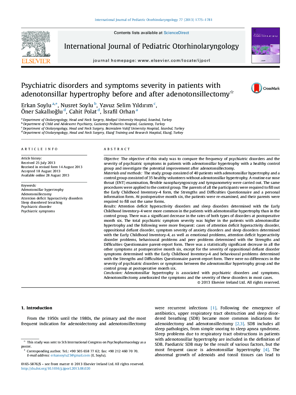 Psychiatric disorders and symptoms severity in patients with adenotonsillar hypertrophy before and after adenotonsillectomy 