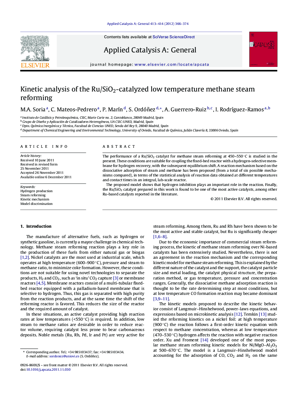 Kinetic analysis of the Ru/SiO2-catalyzed low temperature methane steam reforming