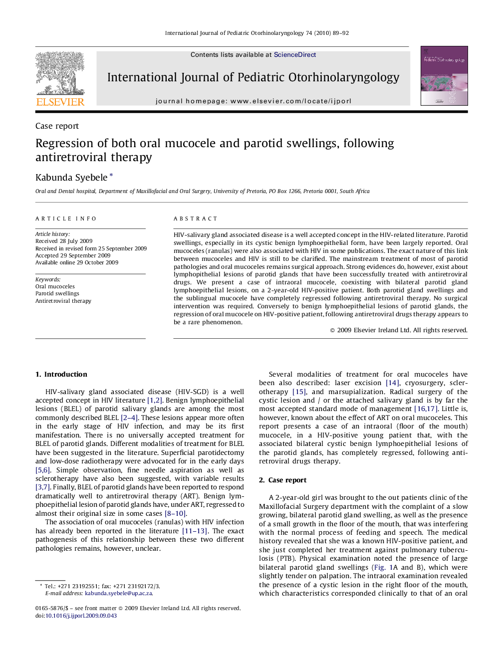 Regression of both oral mucocele and parotid swellings, following antiretroviral therapy