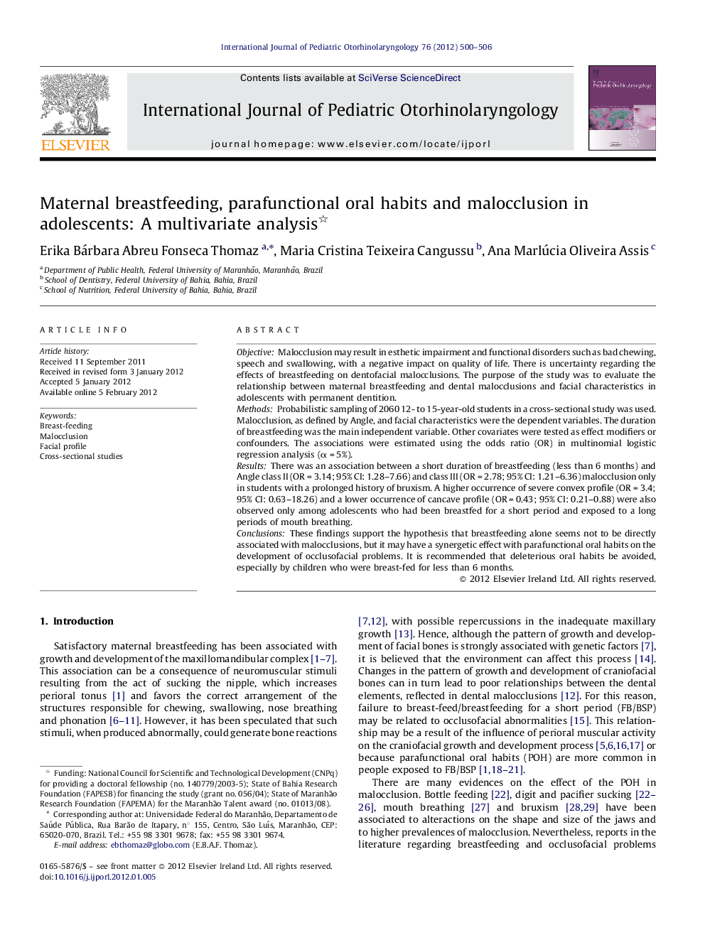 Maternal breastfeeding, parafunctional oral habits and malocclusion in adolescents: A multivariate analysis 