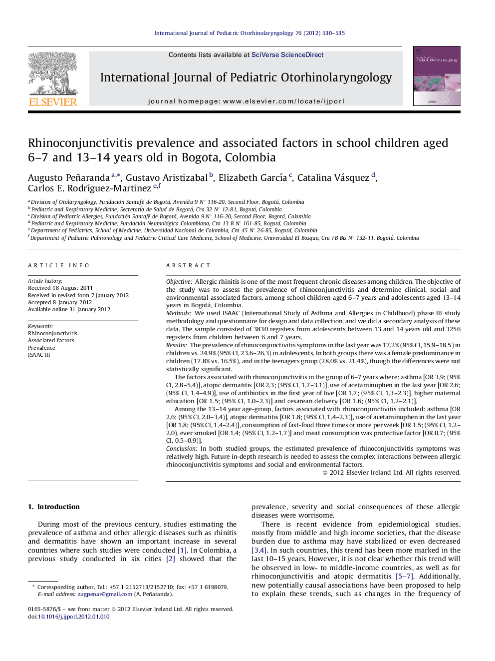 Rhinoconjunctivitis prevalence and associated factors in school children aged 6–7 and 13–14 years old in Bogota, Colombia