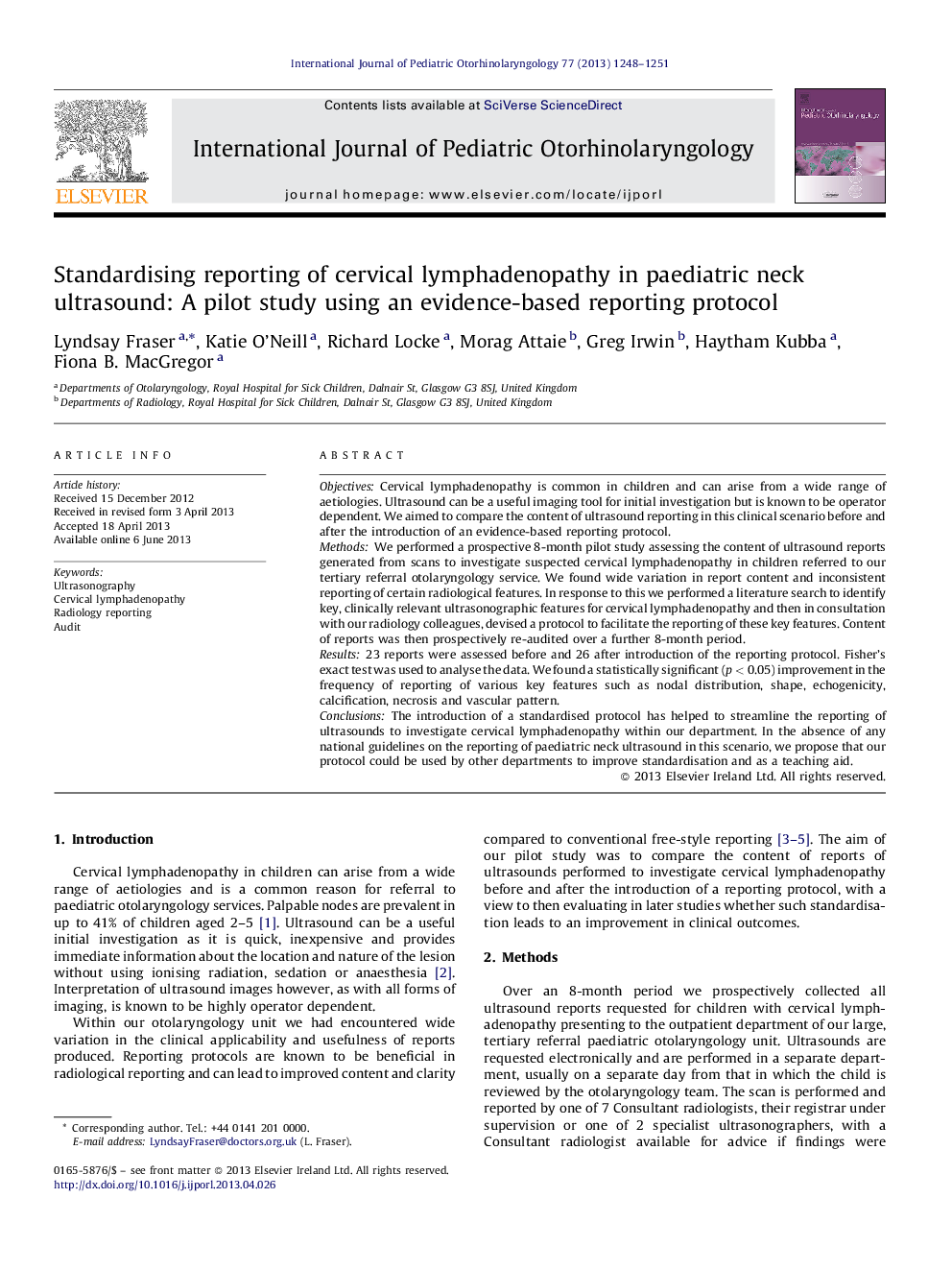 Standardising reporting of cervical lymphadenopathy in paediatric neck ultrasound: A pilot study using an evidence-based reporting protocol