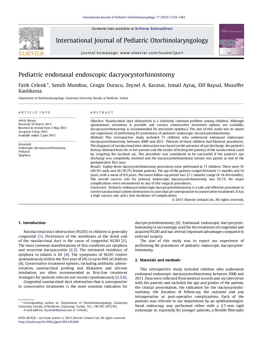 Pediatric endonasal endoscopic dacryocystorhinostomy