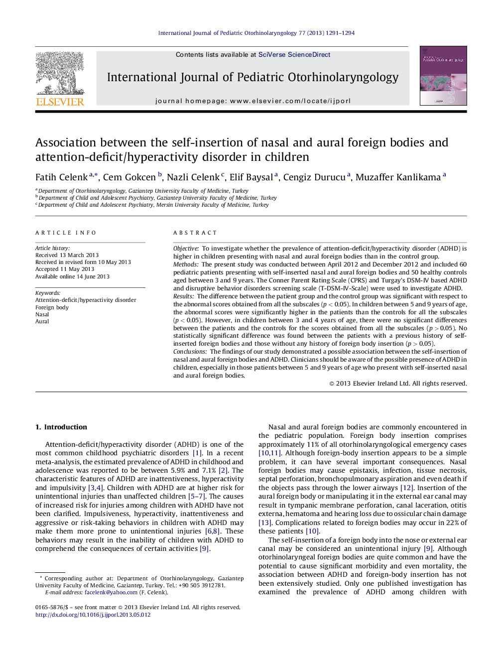 Association between the self-insertion of nasal and aural foreign bodies and attention-deficit/hyperactivity disorder in children