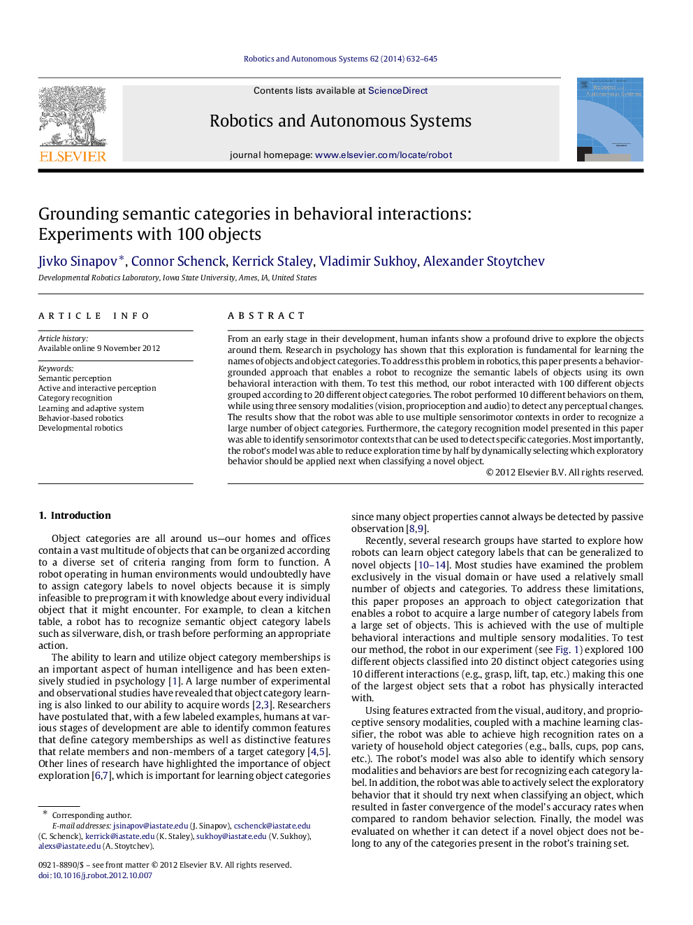 Grounding semantic categories in behavioral interactions: Experiments with 100 objects