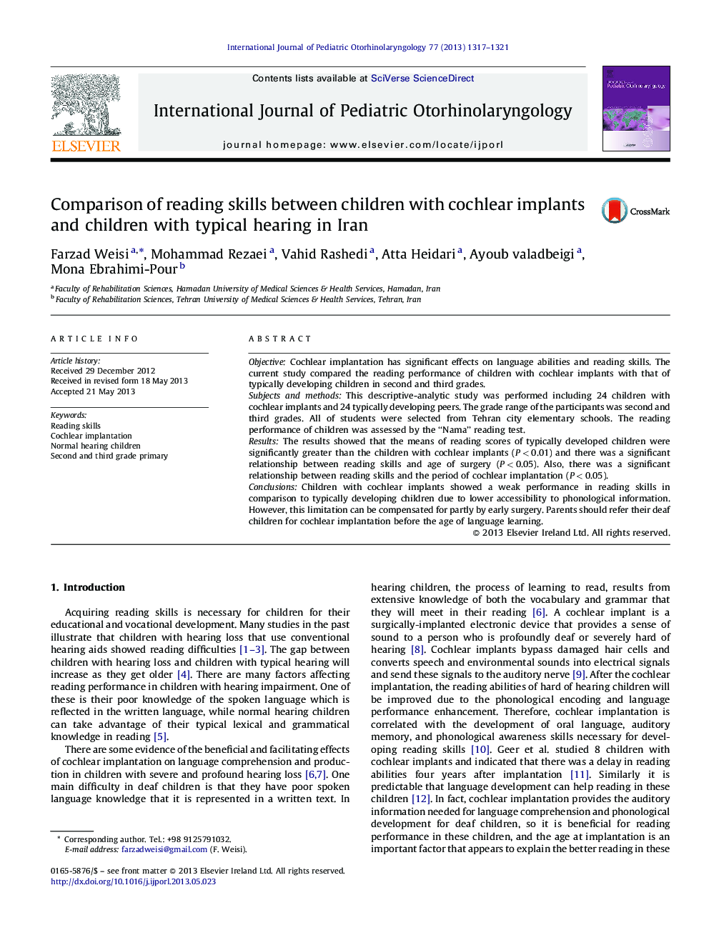 Comparison of reading skills between children with cochlear implants and children with typical hearing in Iran