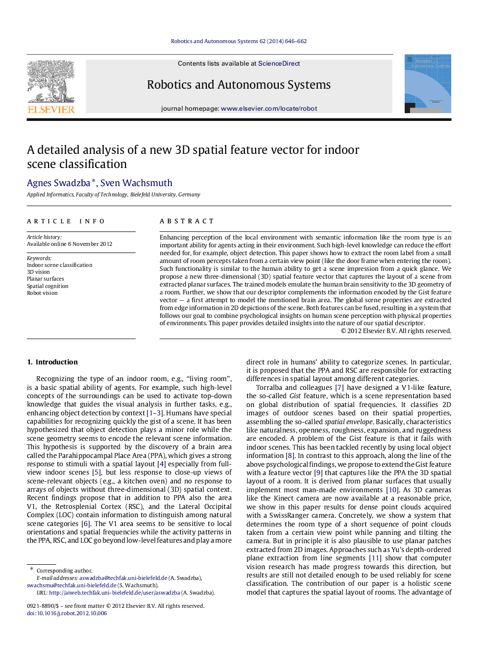 A detailed analysis of a new 3D spatial feature vector for indoor scene classification