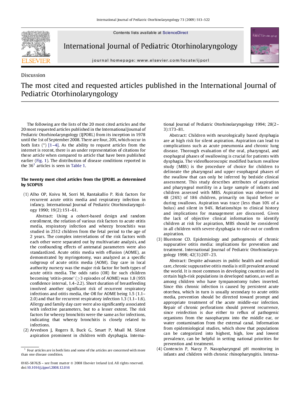 The most cited and requested articles published in the International Journal of Pediatric Otorhinolaryngology