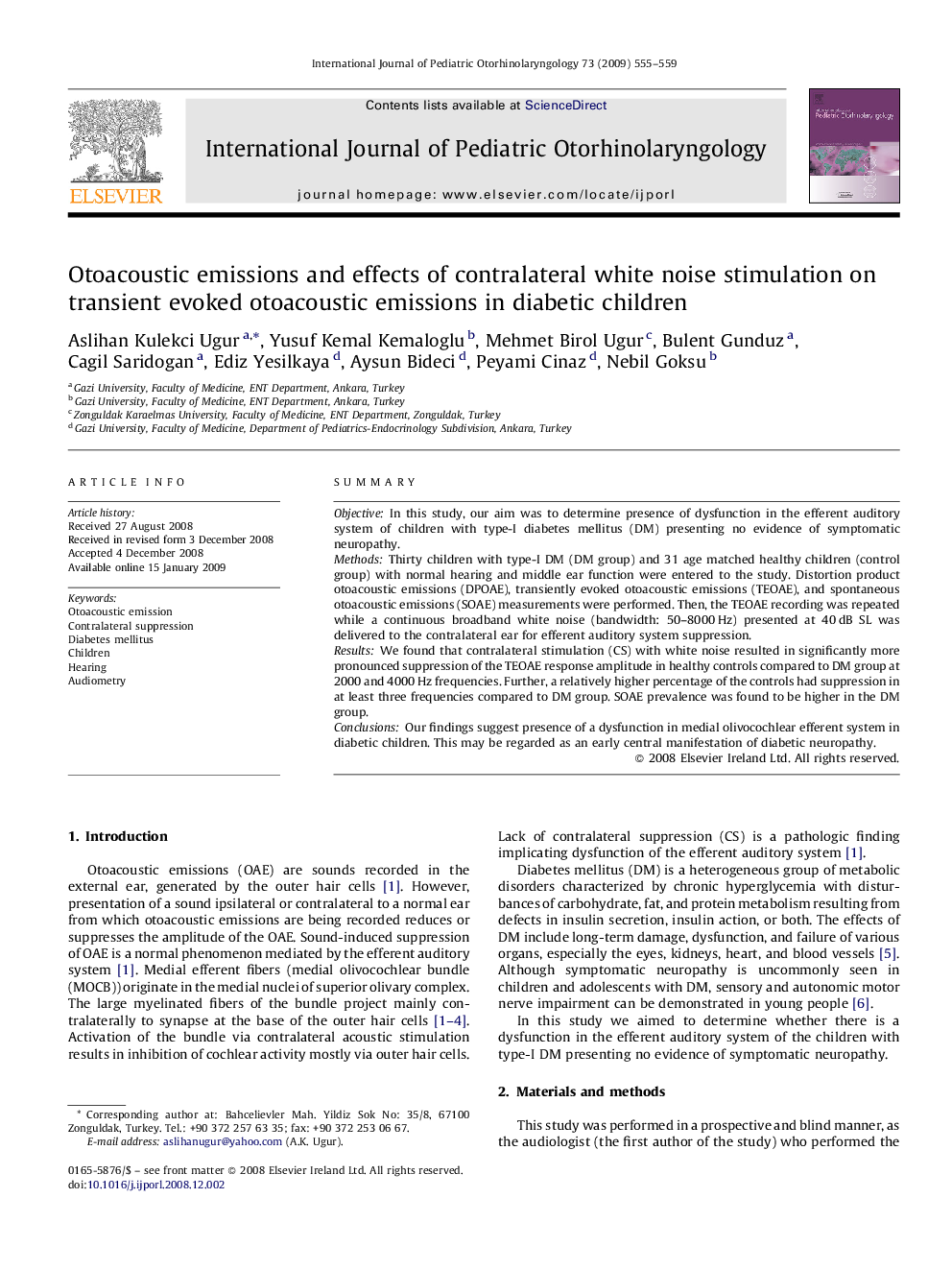 Otoacoustic emissions and effects of contralateral white noise stimulation on transient evoked otoacoustic emissions in diabetic children