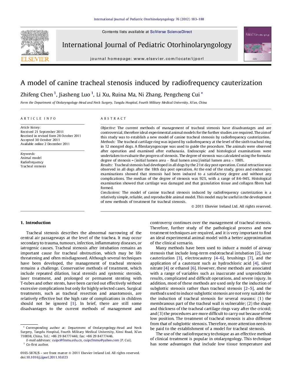 A model of canine tracheal stenosis induced by radiofrequency cauterization