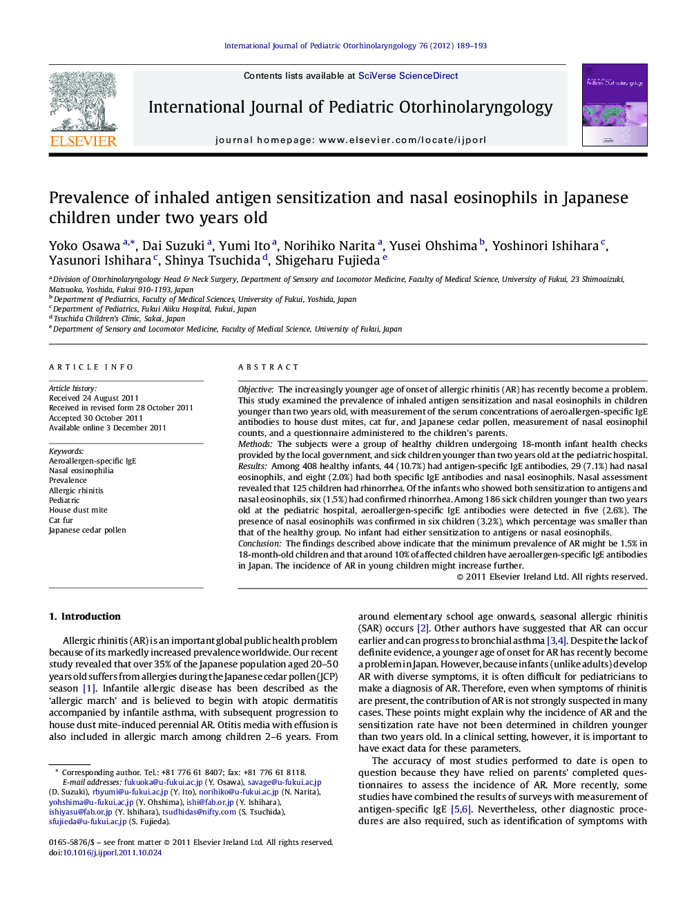 Prevalence of inhaled antigen sensitization and nasal eosinophils in Japanese children under two years old