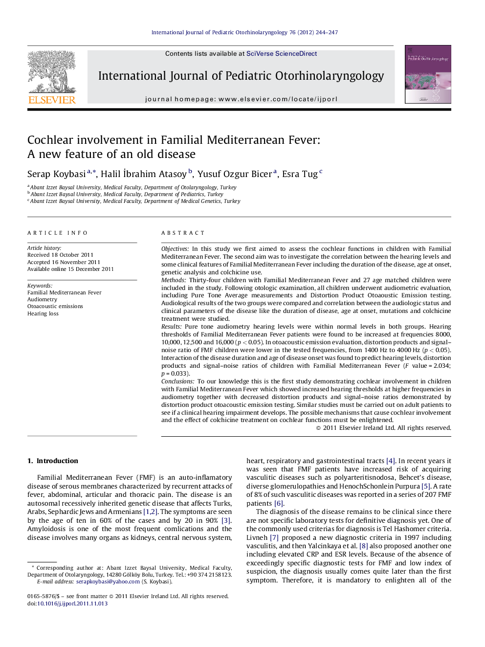 Cochlear involvement in Familial Mediterranean Fever: A new feature of an old disease