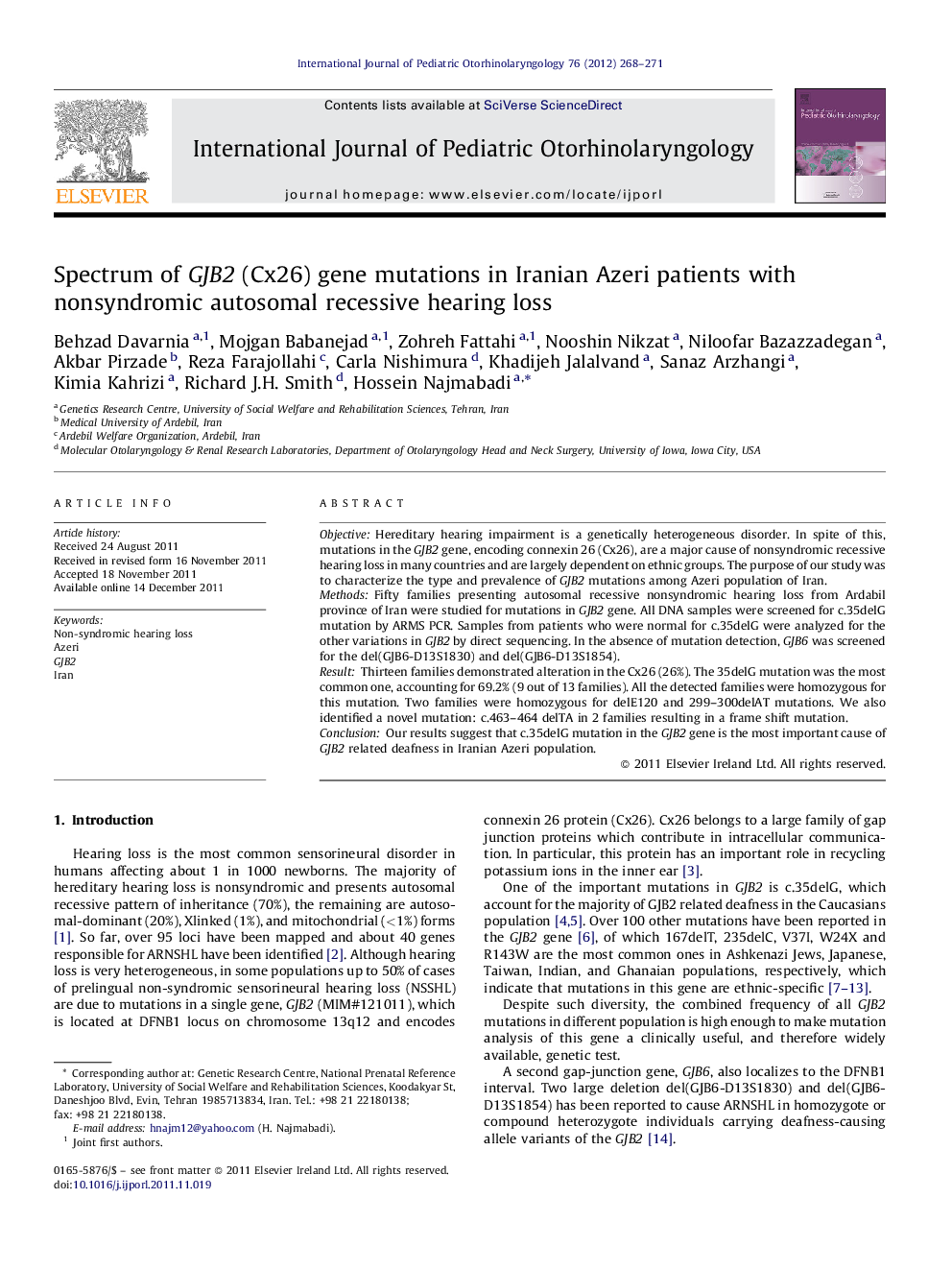 Spectrum of GJB2 (Cx26) gene mutations in Iranian Azeri patients with nonsyndromic autosomal recessive hearing loss