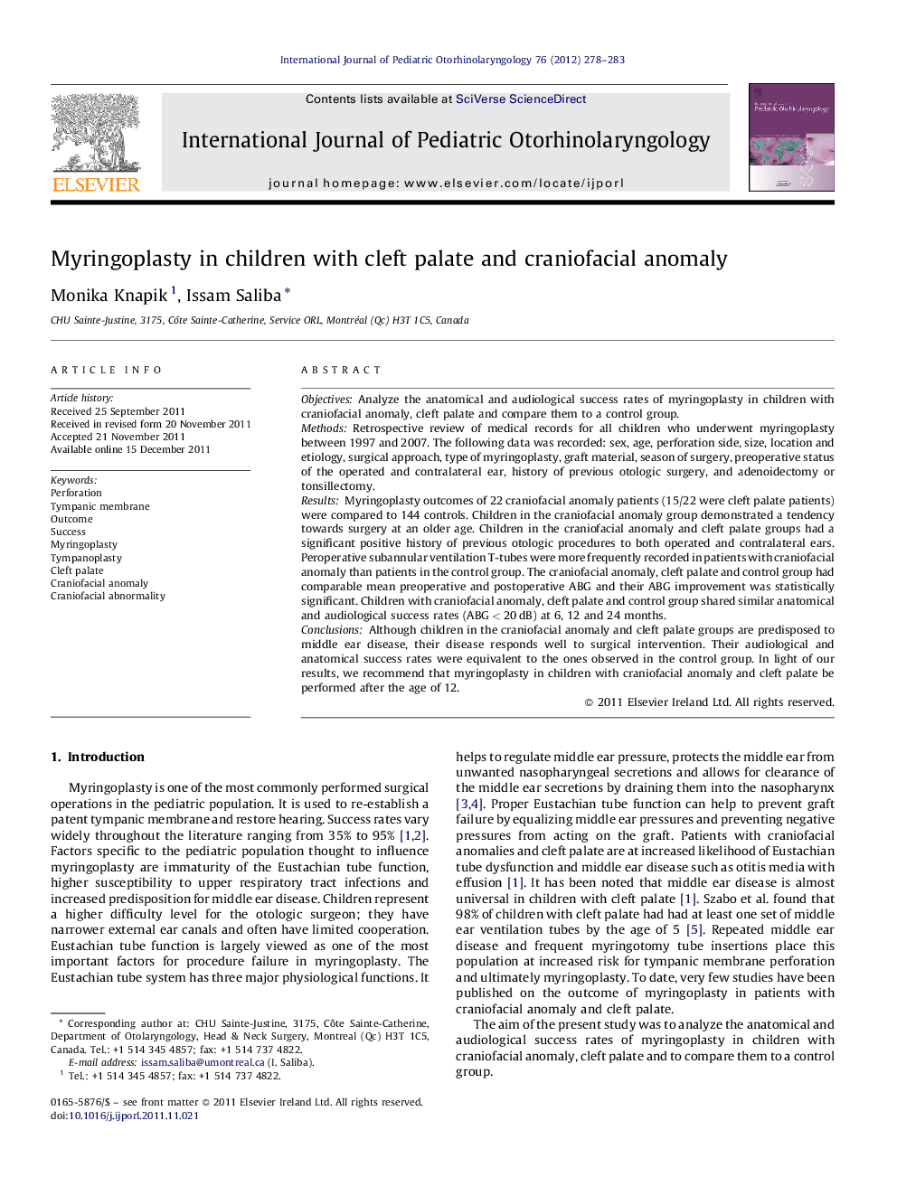 Myringoplasty in children with cleft palate and craniofacial anomaly