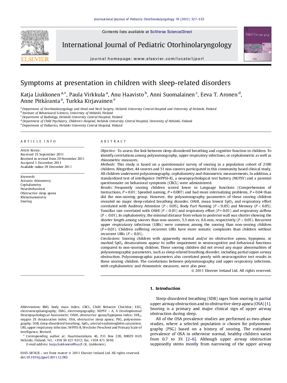 Symptoms at presentation in children with sleep-related disorders