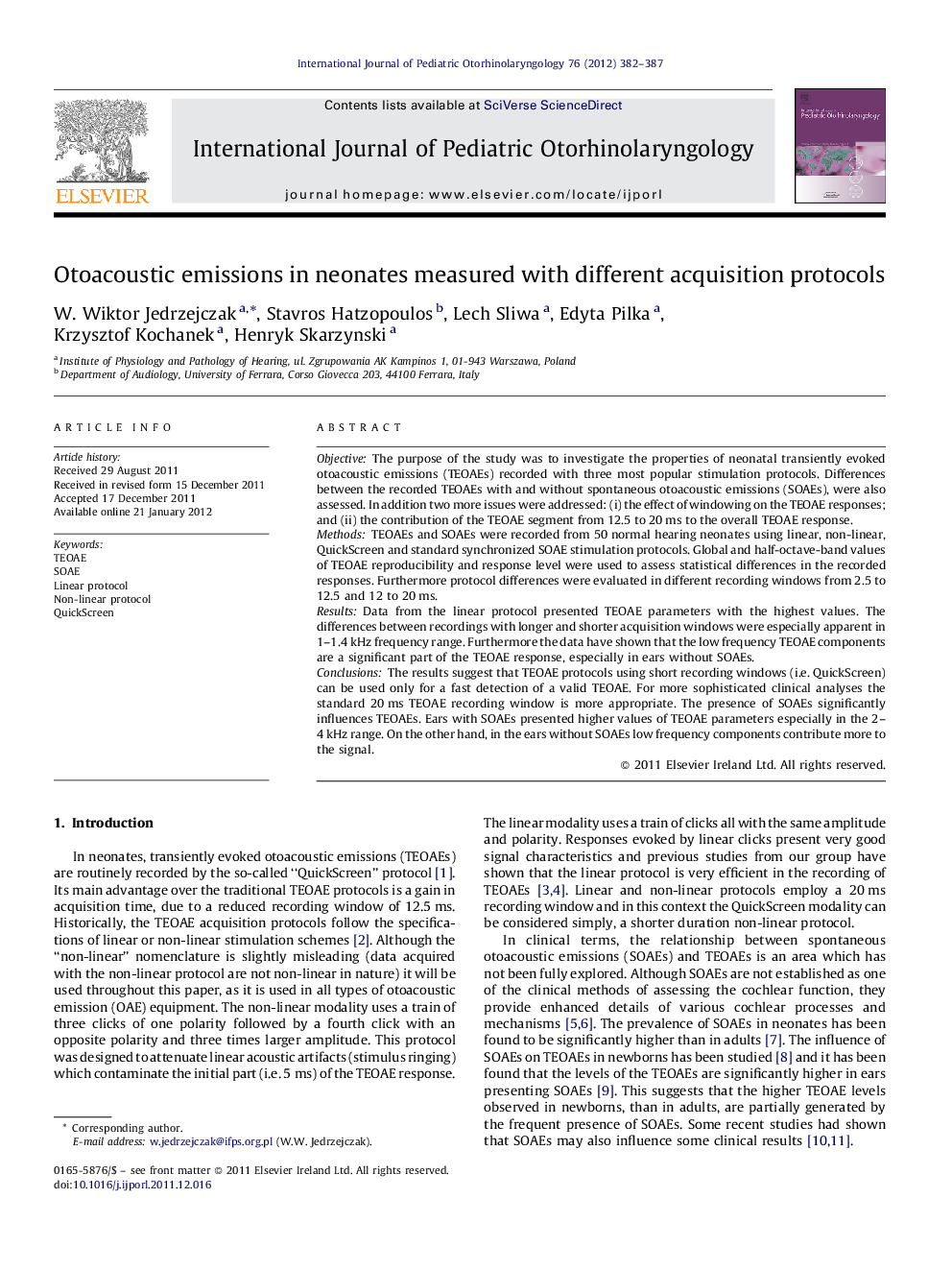 Otoacoustic emissions in neonates measured with different acquisition protocols