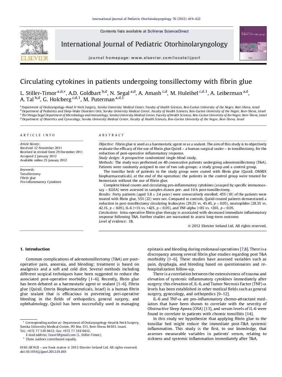 Circulating cytokines in patients undergoing tonsillectomy with fibrin glue