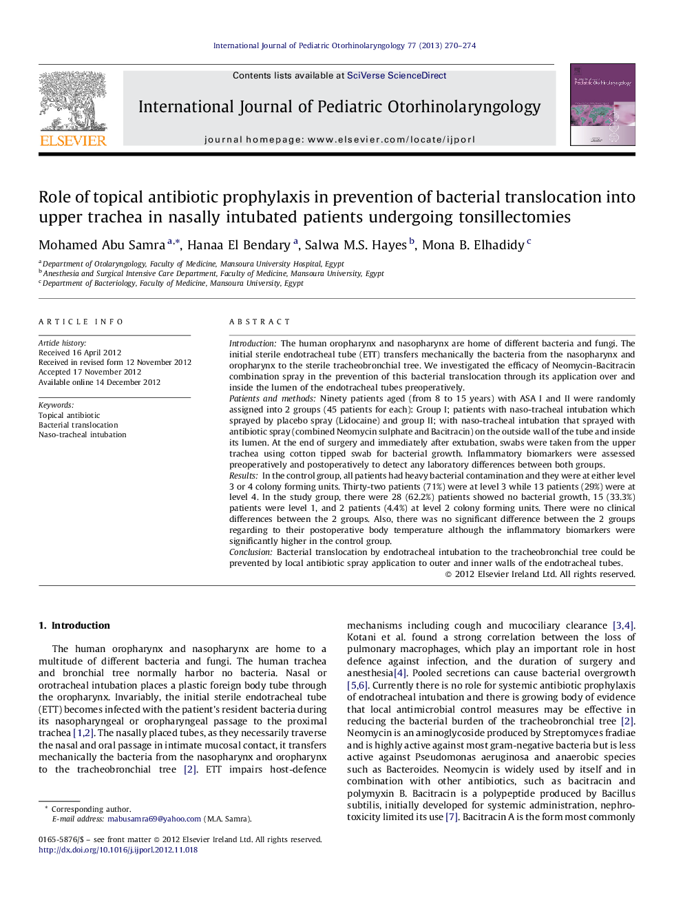 Role of topical antibiotic prophylaxis in prevention of bacterial translocation into upper trachea in nasally intubated patients undergoing tonsillectomies