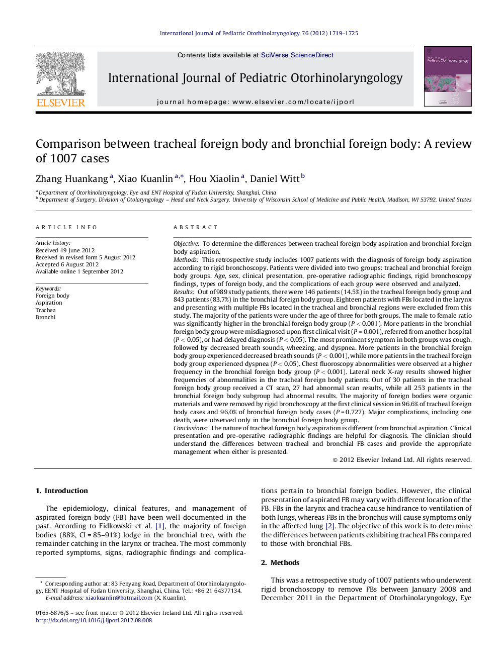 Comparison between tracheal foreign body and bronchial foreign body: A review of 1007 cases