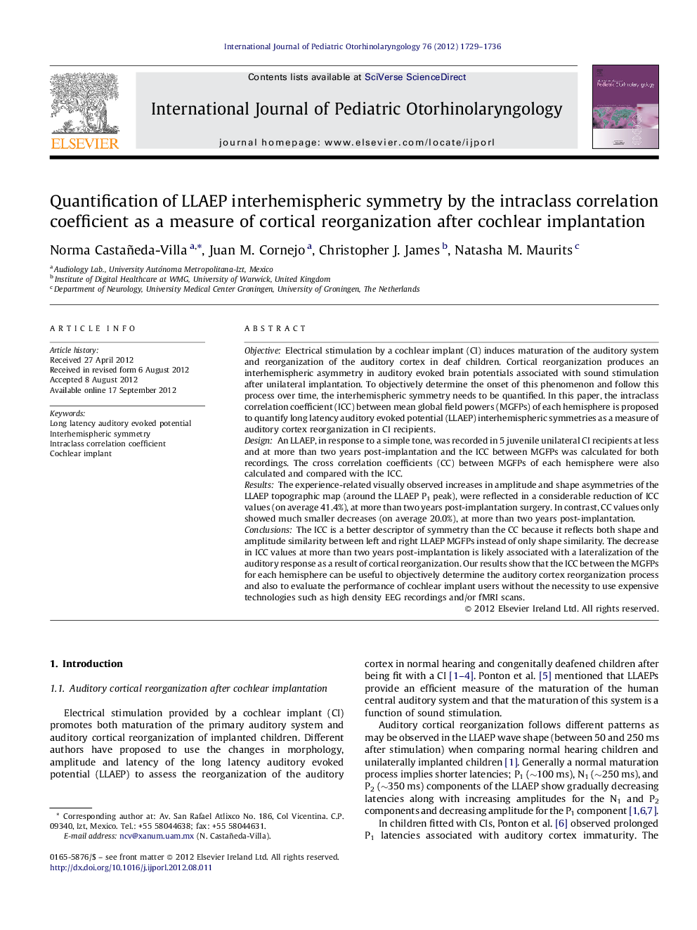 Quantification of LLAEP interhemispheric symmetry by the intraclass correlation coefficient as a measure of cortical reorganization after cochlear implantation