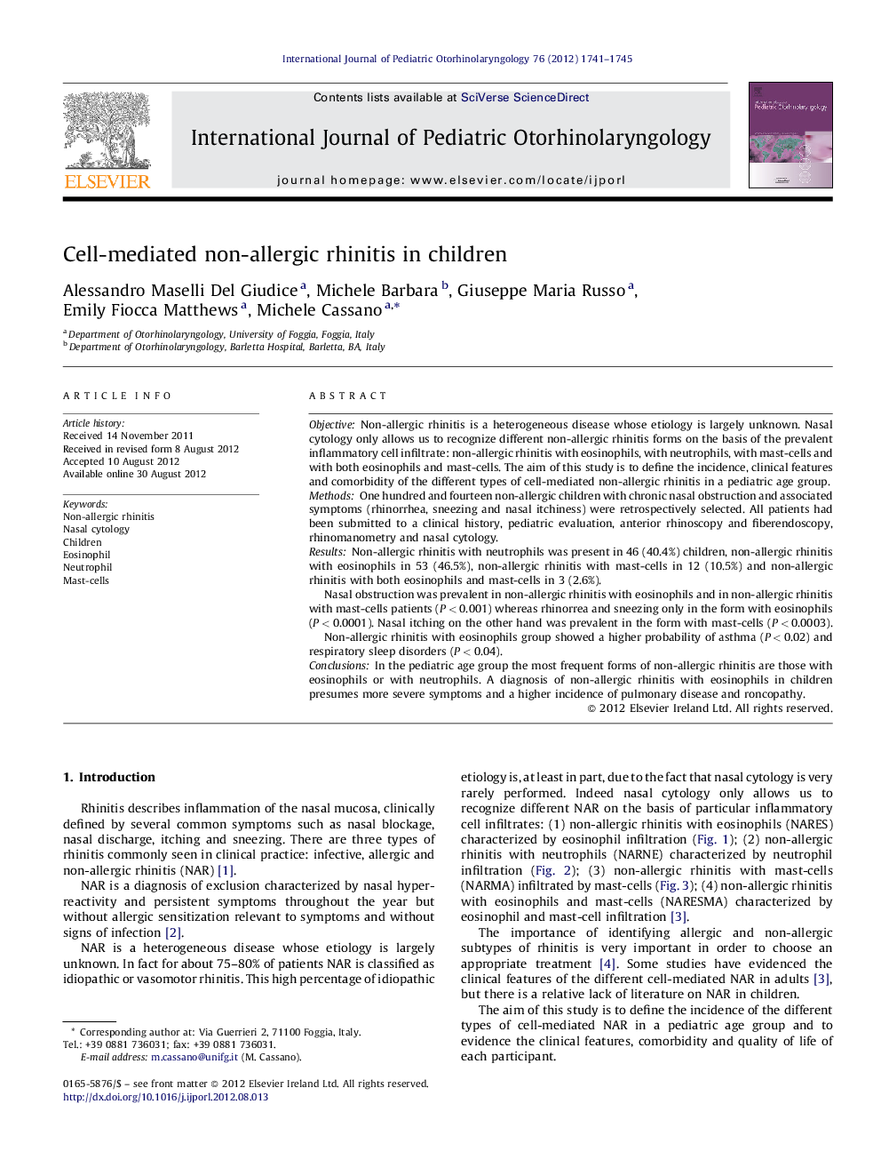 Cell-mediated non-allergic rhinitis in children