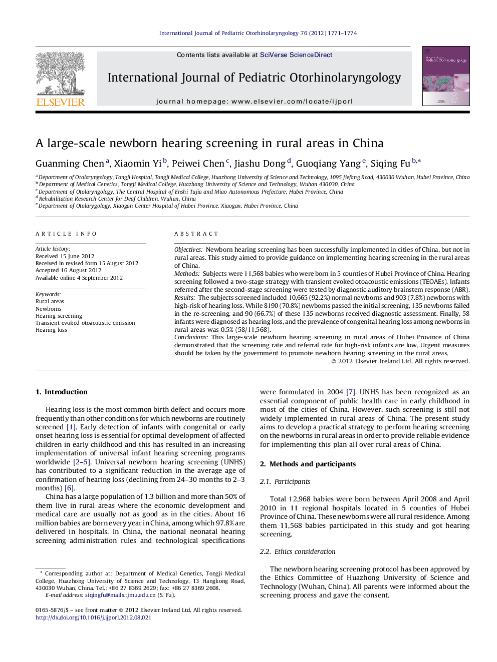 A large-scale newborn hearing screening in rural areas in China