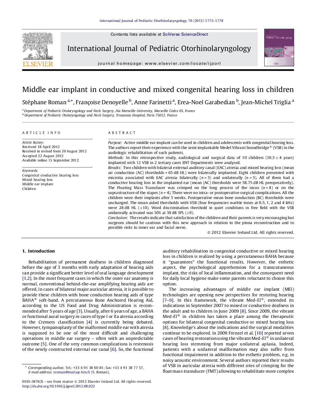 Middle ear implant in conductive and mixed congenital hearing loss in children