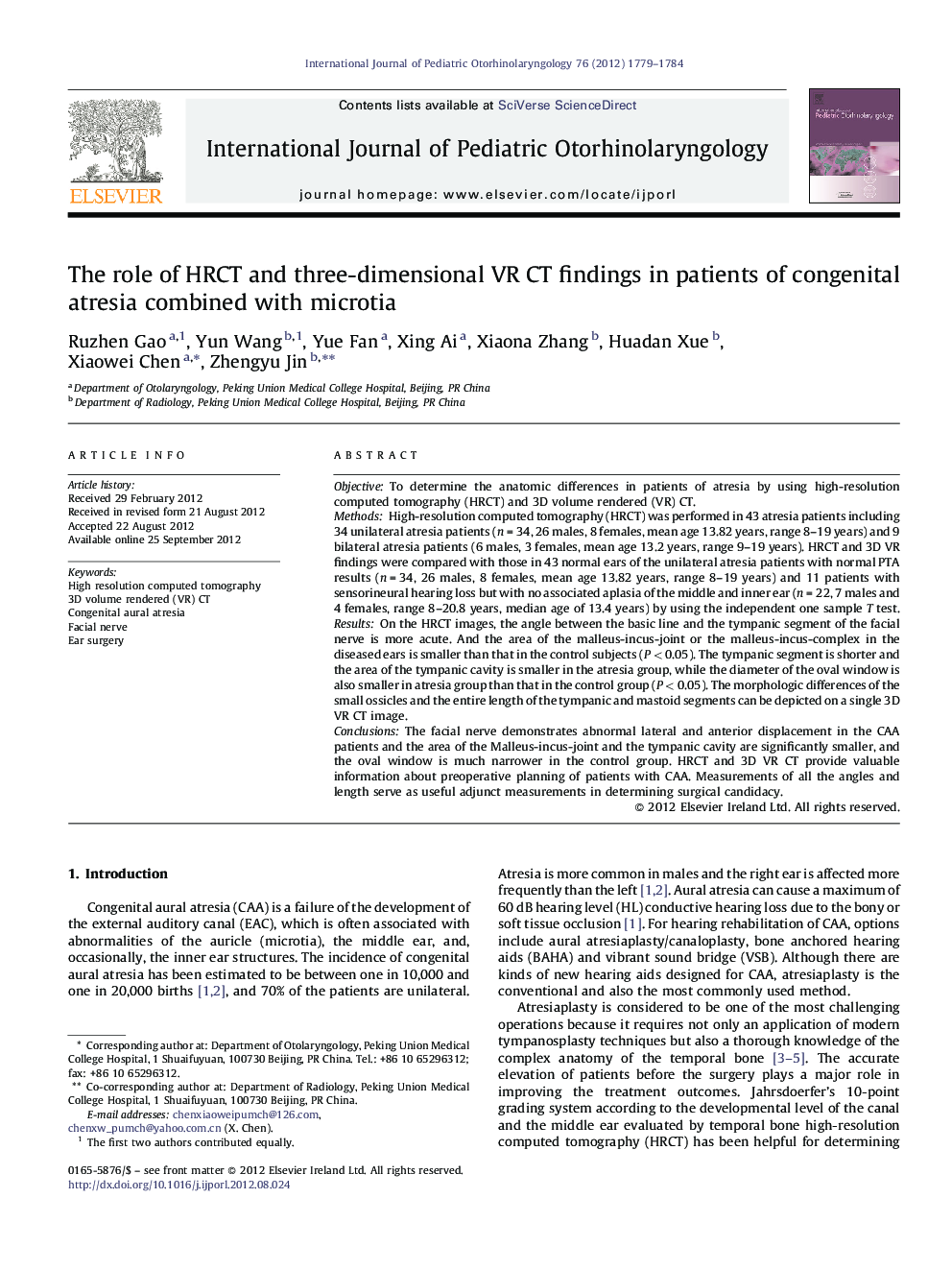 The role of HRCT and three-dimensional VR CT findings in patients of congenital atresia combined with microtia