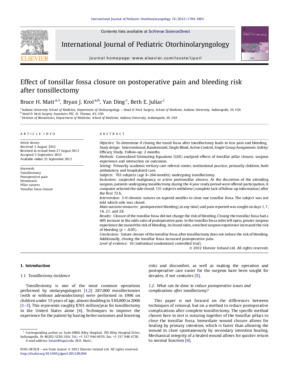 Effect of tonsillar fossa closure on postoperative pain and bleeding risk after tonsillectomy