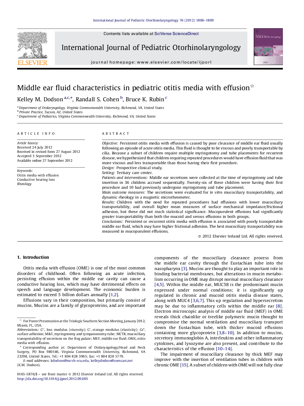 Middle ear fluid characteristics in pediatric otitis media with effusion 