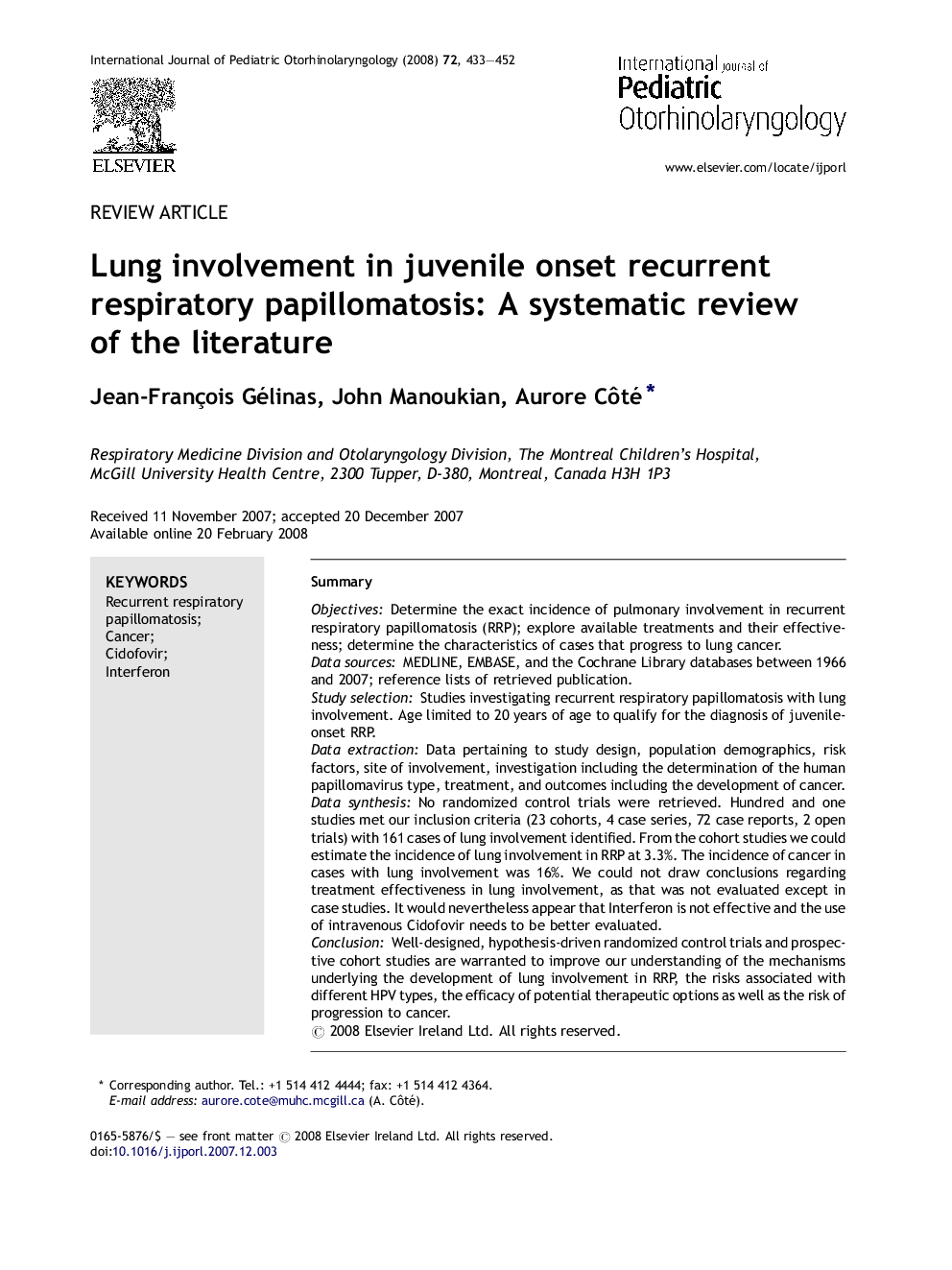 Lung involvement in juvenile onset recurrent respiratory papillomatosis: A systematic review of the literature