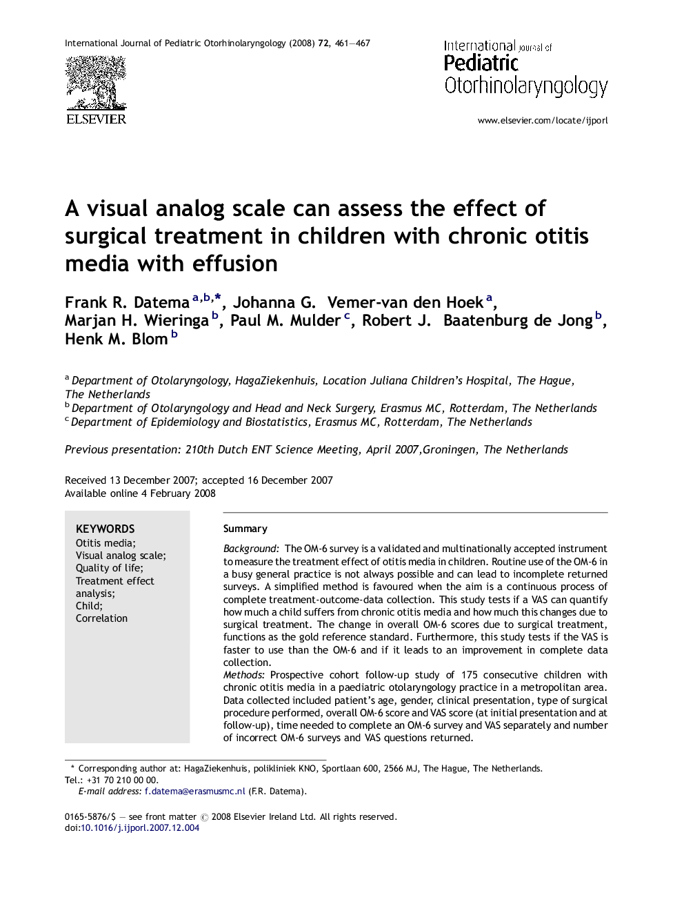 A visual analog scale can assess the effect of surgical treatment in children with chronic otitis media with effusion