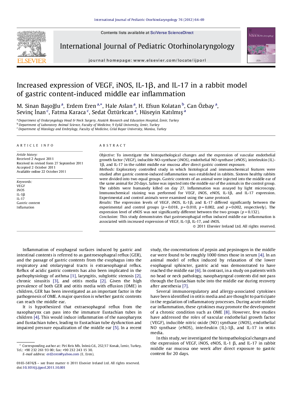 Increased expression of VEGF, iNOS, IL-1β, and IL-17 in a rabbit model of gastric content-induced middle ear inflammation